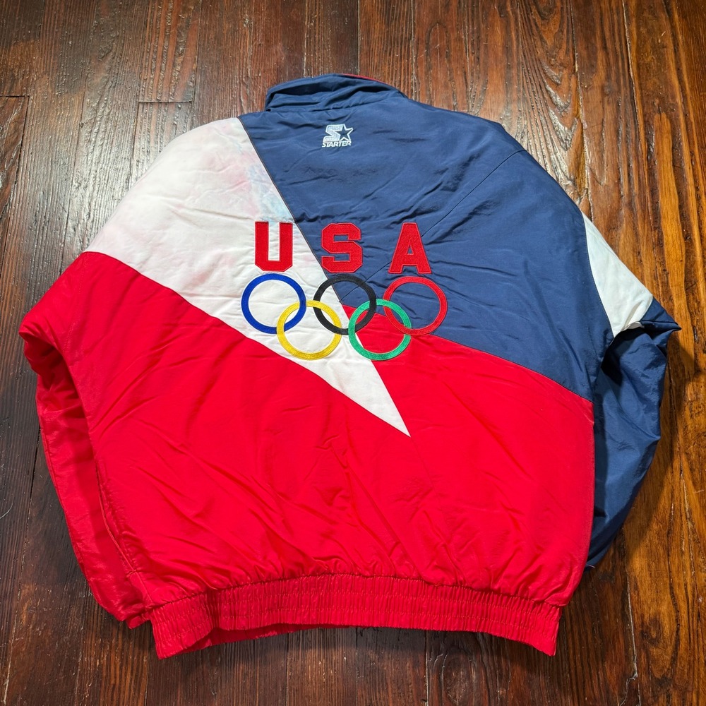 Vintage Starter Jacket Mens L Red Blue USA Olympic Team Colorblock Zip Insulated